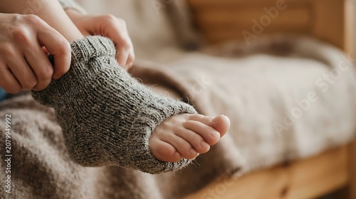 Person putting on a grey wool sock with a hole at the toe