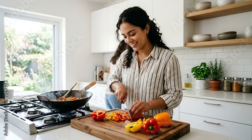 Smiling woman preparing a healthy meal by chopping vegetables at home