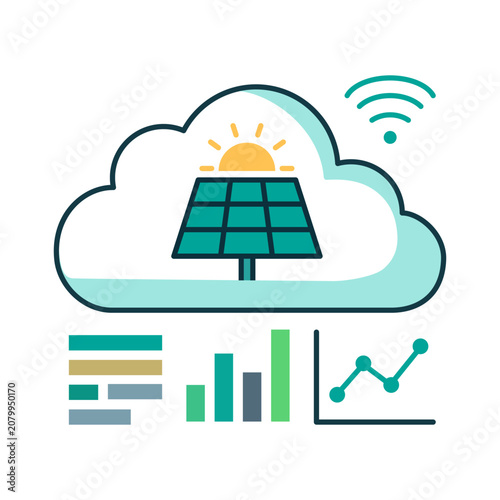 Cloud computing solar energy data analytics flat vector icon