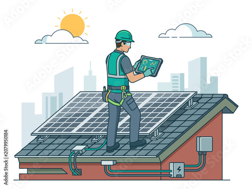 Solar panel technician inspecting roof installation flat vector illustration