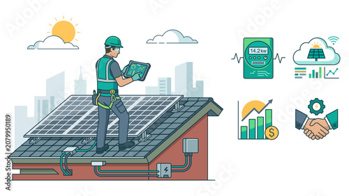 Solar panel installation worker monitoring energy data vector