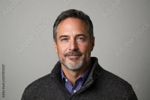head-and-shoulders portrait of a man with blurred face, salt-and-pepper hair, wearing a dark zip sweater over a blue checked collared shirt against a neutral gray background, calm neutral demeanor