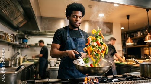 Young chef tossing fresh vegetables in a wok over an open flame