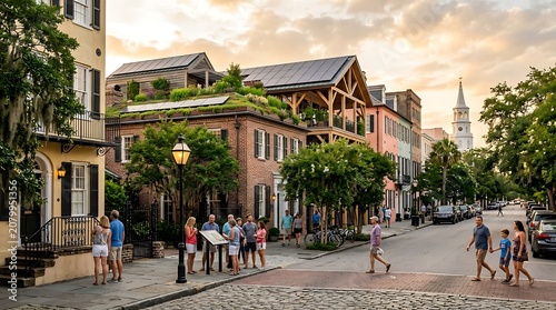 Tourists exploring a historic city street with sustainable architecture