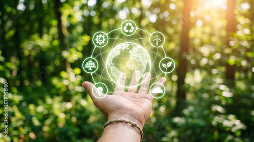 Hand Holding Glowing Earth with Eco-Friendly Icons in Forest with Sunlight and Green Leaves