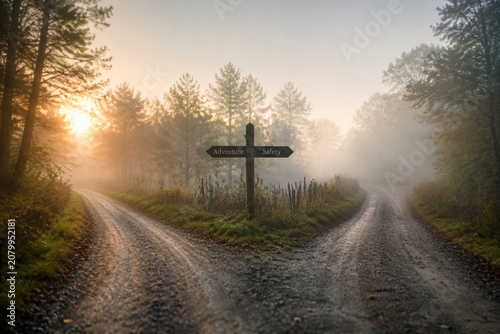 A misty morning reveals a fork in the road, two paths diverging under atmospheric lighting.