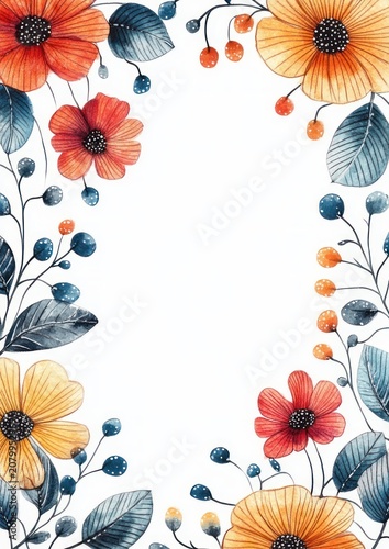 Warm watercolor floral border of orange, yellow and red blossoms with blue-gray leaves and berries, cheerful inviting blank center