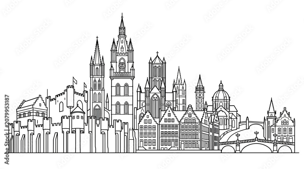 Obraz premium Historic City Skyline Line Art Drawing - European Architecture