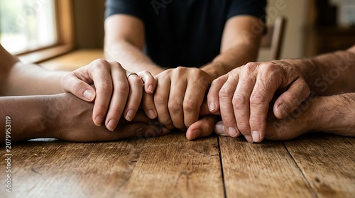 Diverse hands joined together on a wooden table for support
