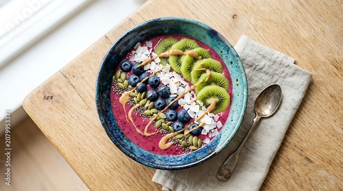 Vibrant purple smoothie bowl with kiwi and blueberries on wood