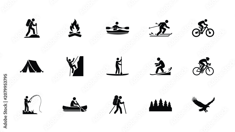 Obraz premium Minimalist flat icons showcase diverse outdoor adventure activities