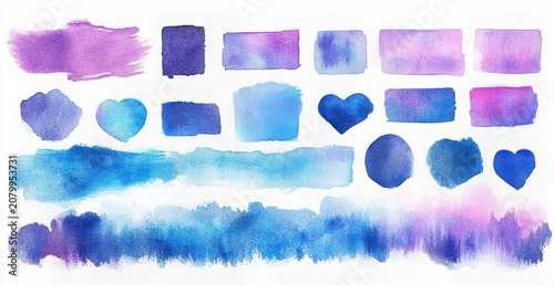assorted blue, purple and pink watercolor swatches and washes: hearts, circles, squares, rectangles, long horizontal strips and textured edges conveying calm playful creativity