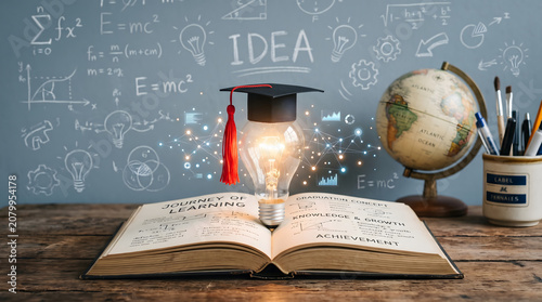 Graduation Cap on Open Book with Light Bulb Globe and Pencils on Wooden Desk in Front of Educational Chalkboard Background