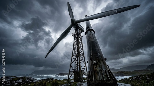 Industrial wind turbine on a rocky coast under stormy clouds