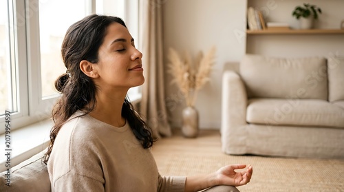 Peaceful young woman practicing mindfulness and meditation at home