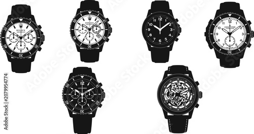 Foto Luxury wristwatch collection, chronograph analog skeleton watches with leather s