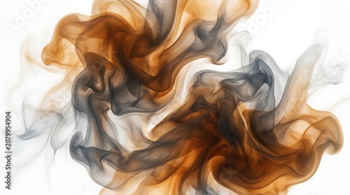 Abstract amber and charcoal smoke swirls flowing on white background