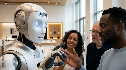 Humanoid robot interacting with diverse people in technology showroom