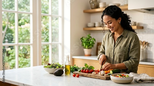 Happy woman chopping fresh vegetables for a meal in a sunny kitchen