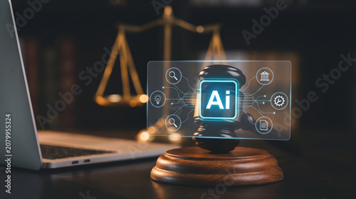 AI Technology in Law Justice System Gavel and Laptop on Desk in Dark Office with Blue Neon Light