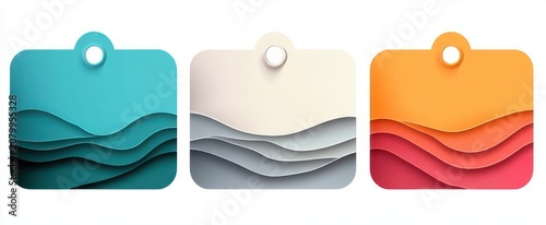 Three hanging rounded tags with layered paper-cut waves in teal, neutral gray, and warm orange-red, minimalist abstract design evoking calm and warmth