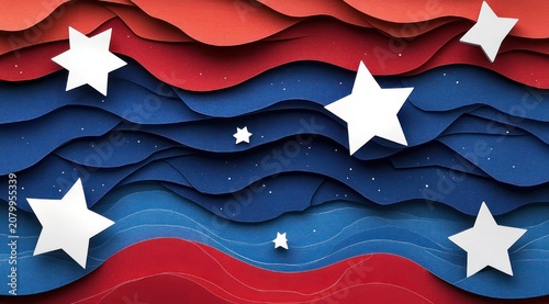 layered red and blue paper waves with scattered white stars and tiny speckles creating a festive, dynamic, celebratory feel