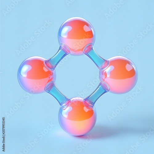 Four iridescent glass spheres linked by short transparent tubes in a floating diamond formation, glowing pastel colors and a calm futuristic mood
