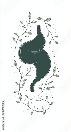 stylized dark green stomach silhouette surrounded by delicate leafy vines and scattered dots on white background, evoking calm natural healing and balanced gut wellness