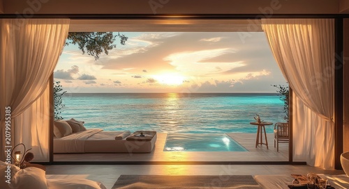 open luxury bedroom and terrace overlooking an infinity pool and turquoise ocean at sunset with flowing curtains, low lounge bed, small table and warm golden light, serene atmosphere