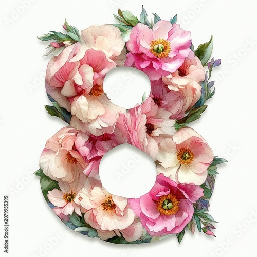 delicate floral number eight made of pink and white watercolor blossoms and green leaves, evoking romantic springtime elegance