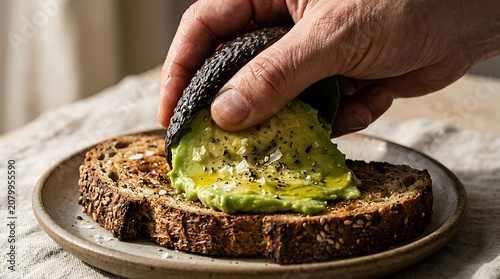 Hand mashing fresh seasoned avocado onto toasted seeded bread