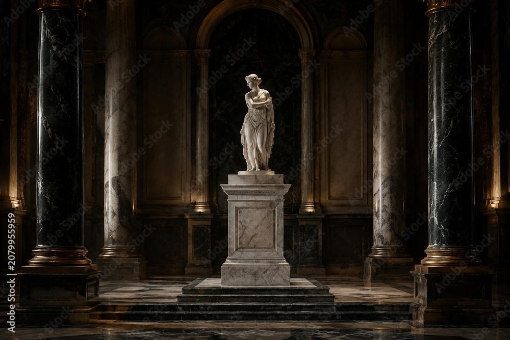 Fototapeta premium A classical statue on a marble pedestal inside a grand hall with atmospheric lighting.