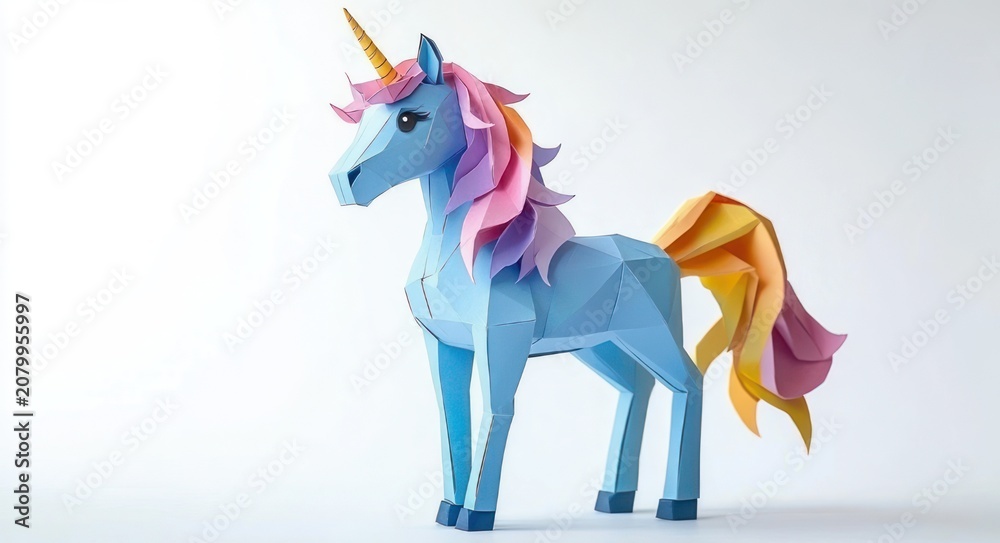 Obraz premium blue low-poly paper unicorn with pastel pink and purple mane, yellow and pink tail and golden horn on white background, whimsical and playful