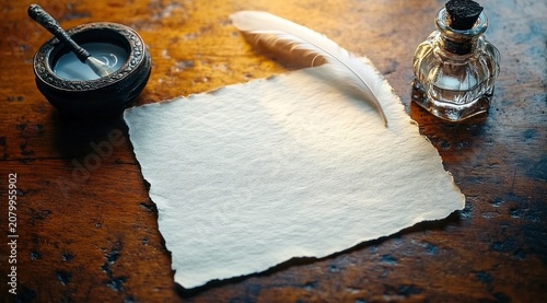Blank torn-edged paper with white quill, glass inkwell and ornate ink bowl with spoon on a warm wooden desk conveying nostalgic, contemplative creativity