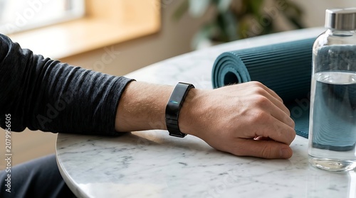 Man wearing a black fitness tracker near a yoga mat and water bottle