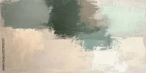 textured abstract horizontal painting with layered brush strokes in muted beige, cream, sage and teal conveying a calm, serene mood