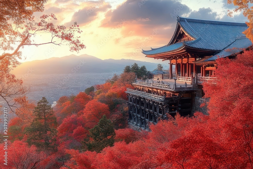 Obraz premium Tranquil wooden temple balcony overlooking a valley at sunset, surrounded by vibrant red autumn foliage and misty mountains, evoking awe and serenity