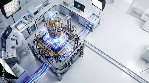 High tech quantum computing processor in modern scientific lab