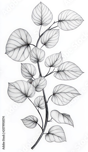 Delicate black and white pencil drawing of a leafy branch with multiple veined heart-shaped leaves and graceful stems, conveying a serene and elegant botanical study