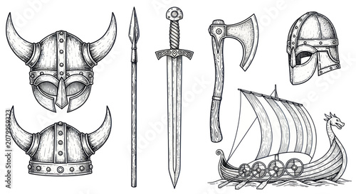 Canvastavla Medieval viking weapons and gear set with helmets sword and longship