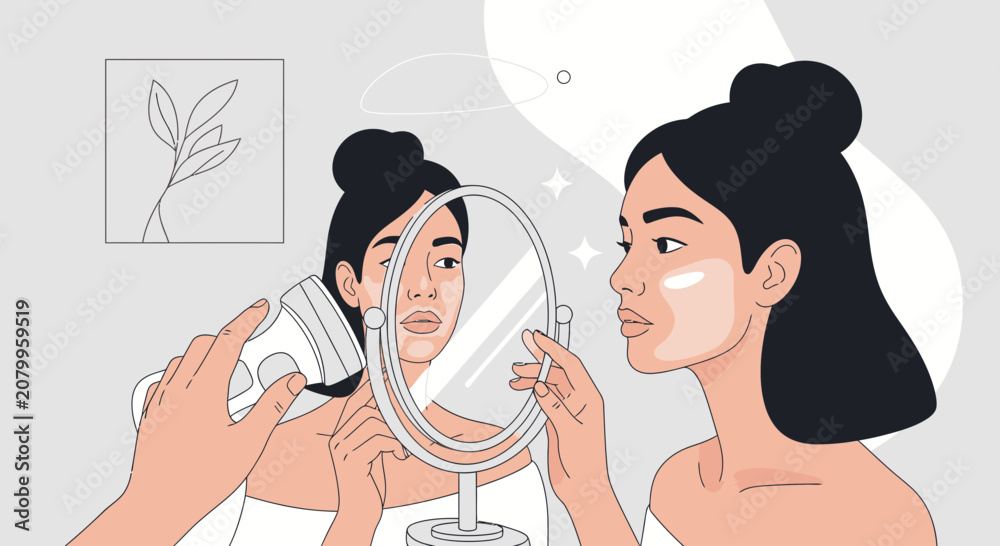 Fototapeta premium Vitiligo skin condition treatment, woman checking reflection in mirror. Dermatology care.