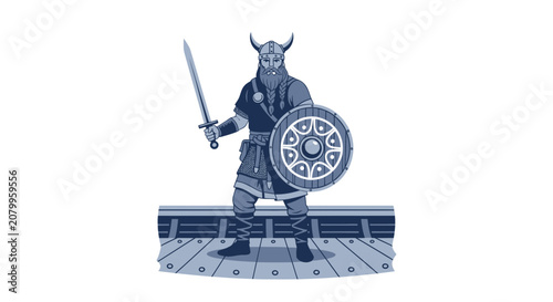 Canvastavla Brave viking warrior holding sword and shield on wooden ship deck