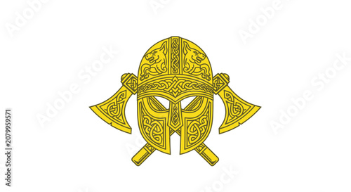 Bilde på lerret Ornate gold viking helmet with crossed battle axes