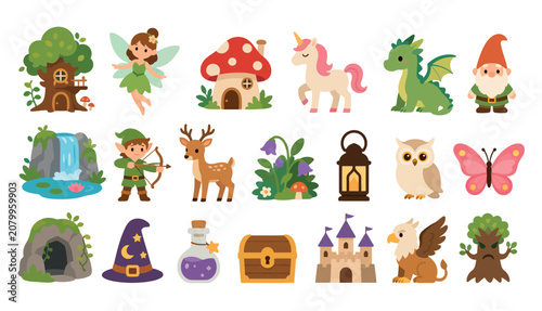 Whimsical fantasy forest creatures icons.