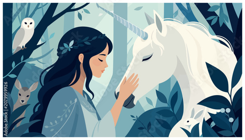 Woman Petting White Unicorn.