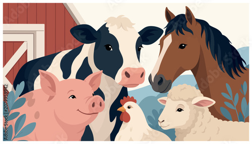 Farm animals standing together outside.