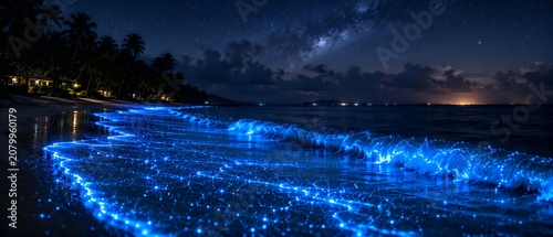 Serene Night Beach with Bioluminescent Waves: Glowing Blue Shoreline Under Palm Trees and Starry Sky, Illuminated by Gentle Ocean Reflections and Lanterns.