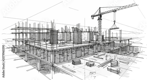 Hand-drawn architectural sketch of an active urban construction site with a multi-story building frame, scaffolding, and a busy crane. Illustrates ongoing engineering and urban development