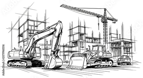 Architectural Sketch of a Busy Construction Site with Heavy Machinery and Buildings Under Development