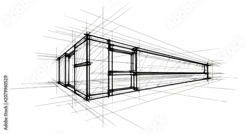 Architectural Perspective Drawing Featuring Minimalist Building Concept Sketch with Technical Guide Lines for Structural Design Planning